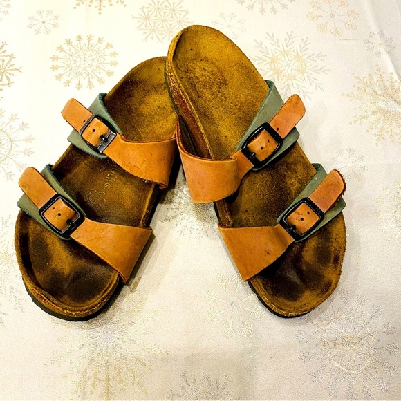 Birkenstock Arizona 2 strap buckle 2-tone brown green leather sandals EU37    WH - Picture 4 of 6